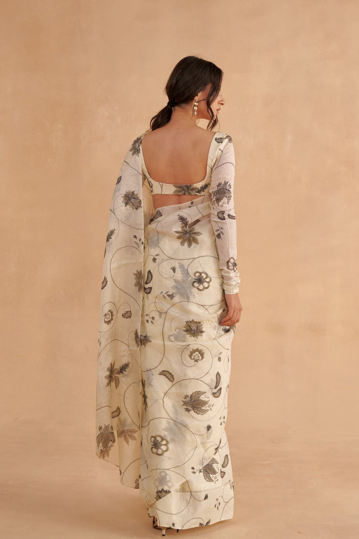 Vintage Ivory Tussar Saree with Chintz Print