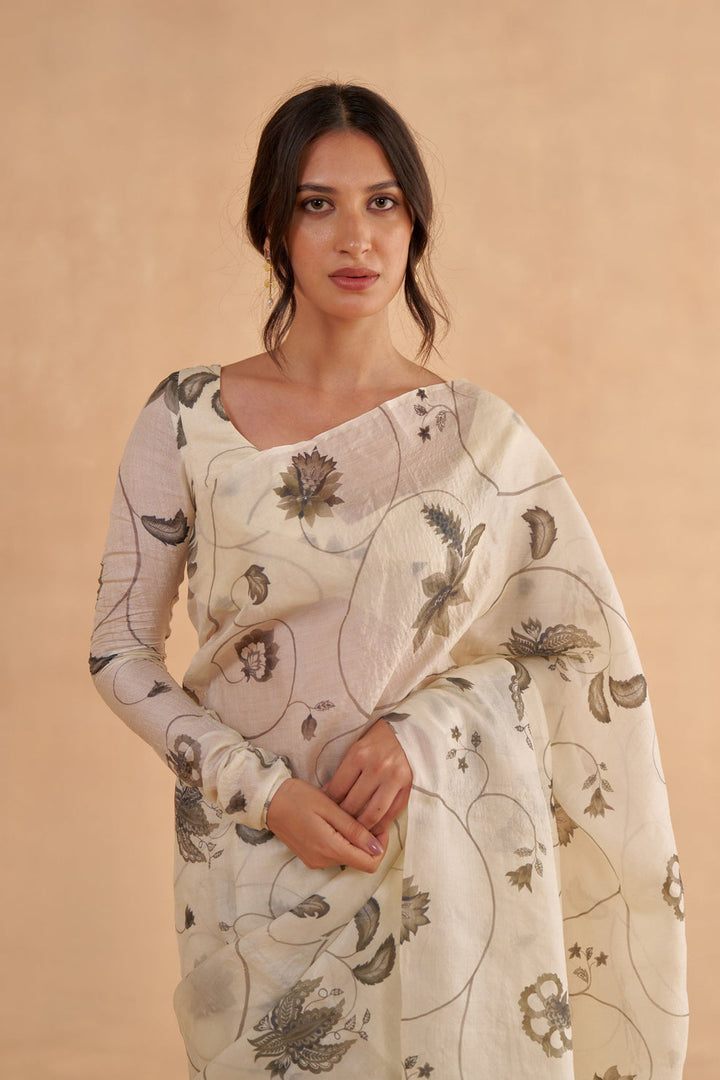Vintage Ivory Tussar Saree with Chintz Print