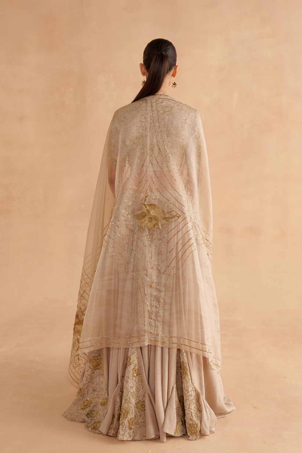 Warm Grey Moonga Silk Blouse with Zardozi Embroidery Silk Lehenga and Organza Dupatta