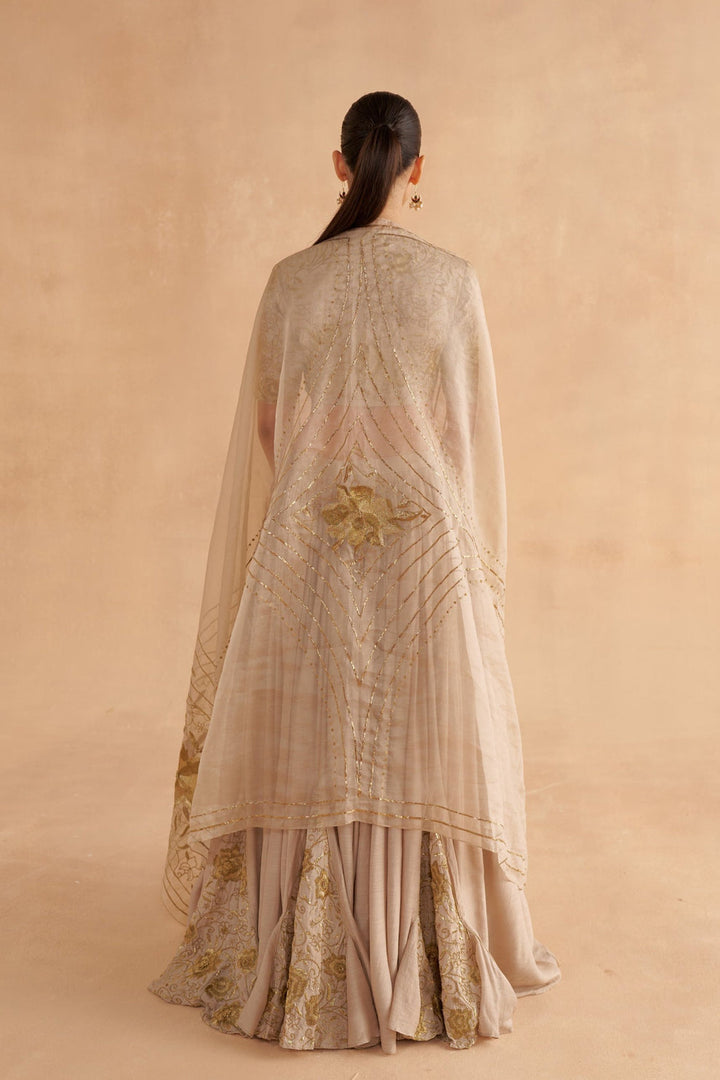 Warm Grey Moonga Silk Blouse with Zardozi Embroidery Silk Lehenga and Organza Dupatta