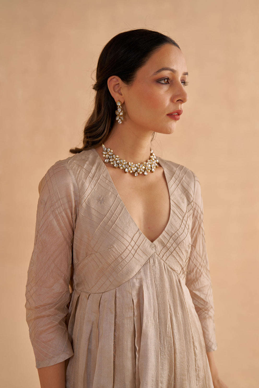 Warm Grey Embroidered Kalidar Kurta